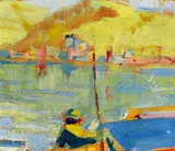 Selden Connor Gile, Figure with red pole, lagoon abstract