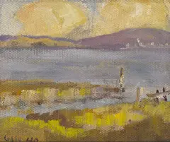 Lagoon and purple hill by Selden Connor Gile, 1940, oil on canvas board, sold Aug 2012