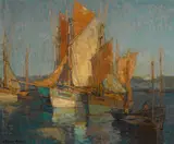 Sailboats in harbor by Edgar Alwin Payne, oil on canvas, sold Aug 2012