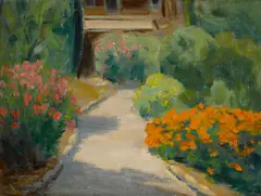 The garden at the Mannheim home by Jean Mannheim, oil on masonite, sold Aug 2012