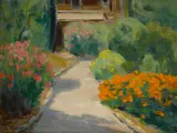 Jean Mannheim, The garden at the Mannheim home, oil on masonite