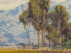 Eucalyptus grove with mountains beyond by Sam Hyde Harris, oil on canvas board, sold Aug 2012