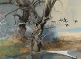 Roy Martell Mason, Ducks in flight above a winter landscape