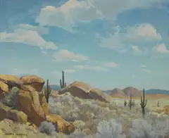 Clyde Eugene Scott, Cactus in a desert landscape, oil on board
