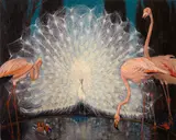 Jessie Arms Botke, White peacock and pink flamingos
