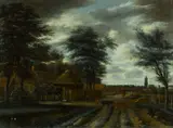 Pieter van Asch, A country lane with a farm and figures and cattle in the foreground, oil on panel