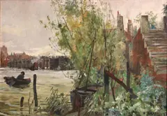 A river scene by Frank Brangwyn, oil on canvas, sold Jul 2012