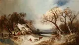 A winter landscape with a farmhouse and figures in the foreground by Continental School, oil on canvas, sold Jul 2012