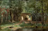 Elisabeth von Eicken, A wooded landscape with a wagon and driver near a gate, oil on canvas