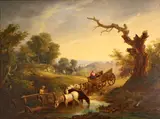 An extensive landscape with a wagon and figures at the edge of a stream with horses watering by English School, oil on canvas, sold Jul 2012