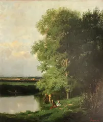 Flogny, A river landscape with figures on the bank, oil on canvas