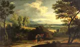An extensive landscape with Jacob wrestling the Angel in the foreground by French School, oil on canvas, sold Jul 2012