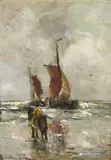 Gerhard Morgenstjerne Munthe, A horse and rider on a beach with two boats offshore, oil on panel