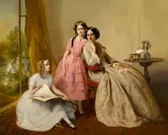 A portrait of two girls with their governess by Abraham Solomon, oil on canvas, offered Jul 2012
