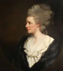 James, A portrait of a lady, wearing a white gown and black cloak, thought to be Mrs. Hughes, oil on canvas, in a feigned oval