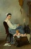 Adolphe Weisz, Watching the kittens, oil on panel