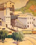 Susan Katherine Eubank Kelley, Factory on a hill, oil on canvas affixed to board