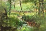 Stephen Juharos, Stream through a forest landscape, oil on canvas