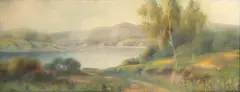 Harry Linder, Wildflowers and trees along a peaceful lake, pastel on paperboard