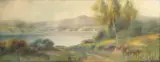 Harry Linder, Wildflowers and trees along a peaceful lake, pastel on paperboard
