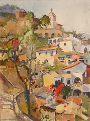Helen Gapen Oehler, Hillside town; Church amongst rolling hills (two)