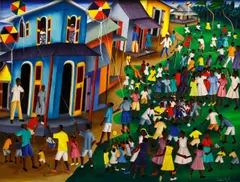 Castera Bazile, Village street scene, 1955, oil on masonite