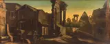 A capriccio landscape with ruins and figures in the foreground by Italian School, oil on canvas, sold Jul 2012
