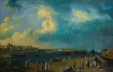 A busy port scene with numerous figures on the quay by Italian School, oil on canvas, offered Jul 2012
