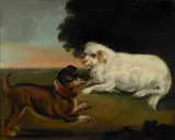 Two dogs in a landscape by English School, oil on canvas laid down on masonite, sold Jul 2012