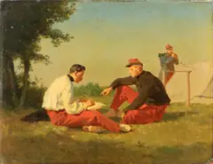 Jean Pezous, Military figures in a camp, oil on panel