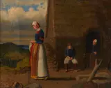 French School, Figures outside a thatched roof cottage, oil on canvas