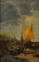 Eugène Isabey, Fishing boats on the shore, oil on canvas