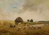 Félix Brissot de Warville, A shepherd and his flock in a meadow, oil on panel