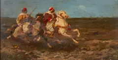 Horsemen in pursuit by H. Garet, oil on panel, sold Jul 2012