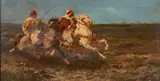 H. Garet, Horsemen in pursuit, oil on panel