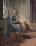 Willem Noordyk, A mother and child knitting, oil on canvas