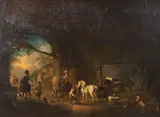 Pieter Wouwerman, Figures and horses in a stable, oil on panel