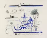 Blue Pagoda 2 by Saul Steinberg, 1975, Lithograph in colors on wove paper, sold Jul 2012