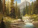 John Barger, Stream rushing through forest landscape with mountains in the distance, oil on board