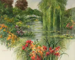 Gerald F. Brommer, In Monet's Garden, watercolor on paper