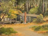 Carl Sammons, Cabin in the woods, oil on canvas board
