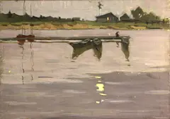 V. Astakhov, Russian village on waterfront, oil on canvas
