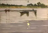 V. Astakhov, Russian village on waterfront, oil on canvas