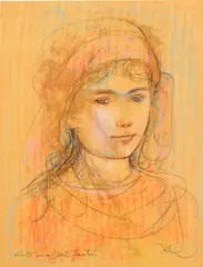 Edna Hibel, Jenny, screenprint and pastel on wood veneer mounted to paper