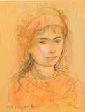 Edna Hibel, Jenny, screenprint and pastel on wood veneer mounted to paper
