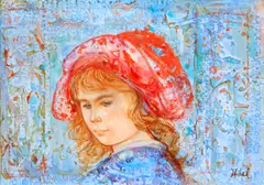 Edna Hibel, Girl in red bonnet, acrylic on board