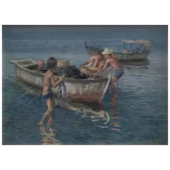 Edgardo Coghlan, Pequeños pescadores, Acuarela sobre papel