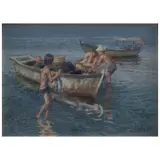 Edgardo Coghlan, Pequeños pescadores, Acuarela sobre papel