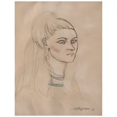 Raúl Anguiano, Retrato, Tinta y sanguina sobre papel