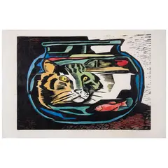 Alfredo Zalce, Centinela / Gato en pecera, 1980, Xilografía 14 / 100